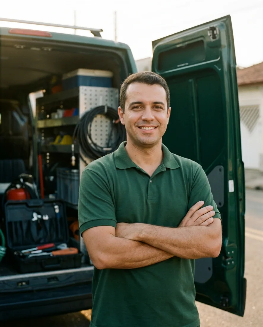Profissional da CLOG ao lado da van de serviço aberta, com o equipamento organizado