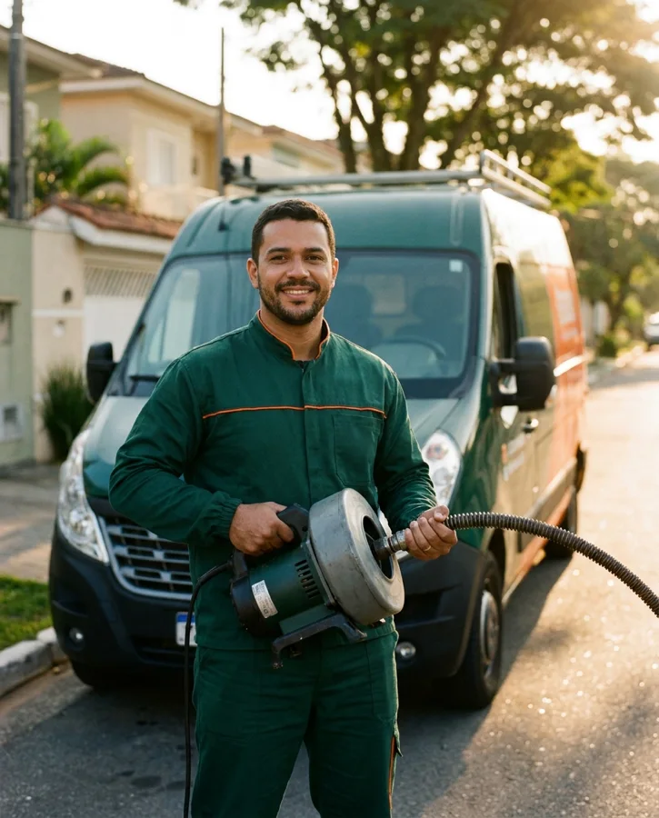 Técnico da CLOG uniformizado, com máquina de desentupimento, em frente à van de atendimento